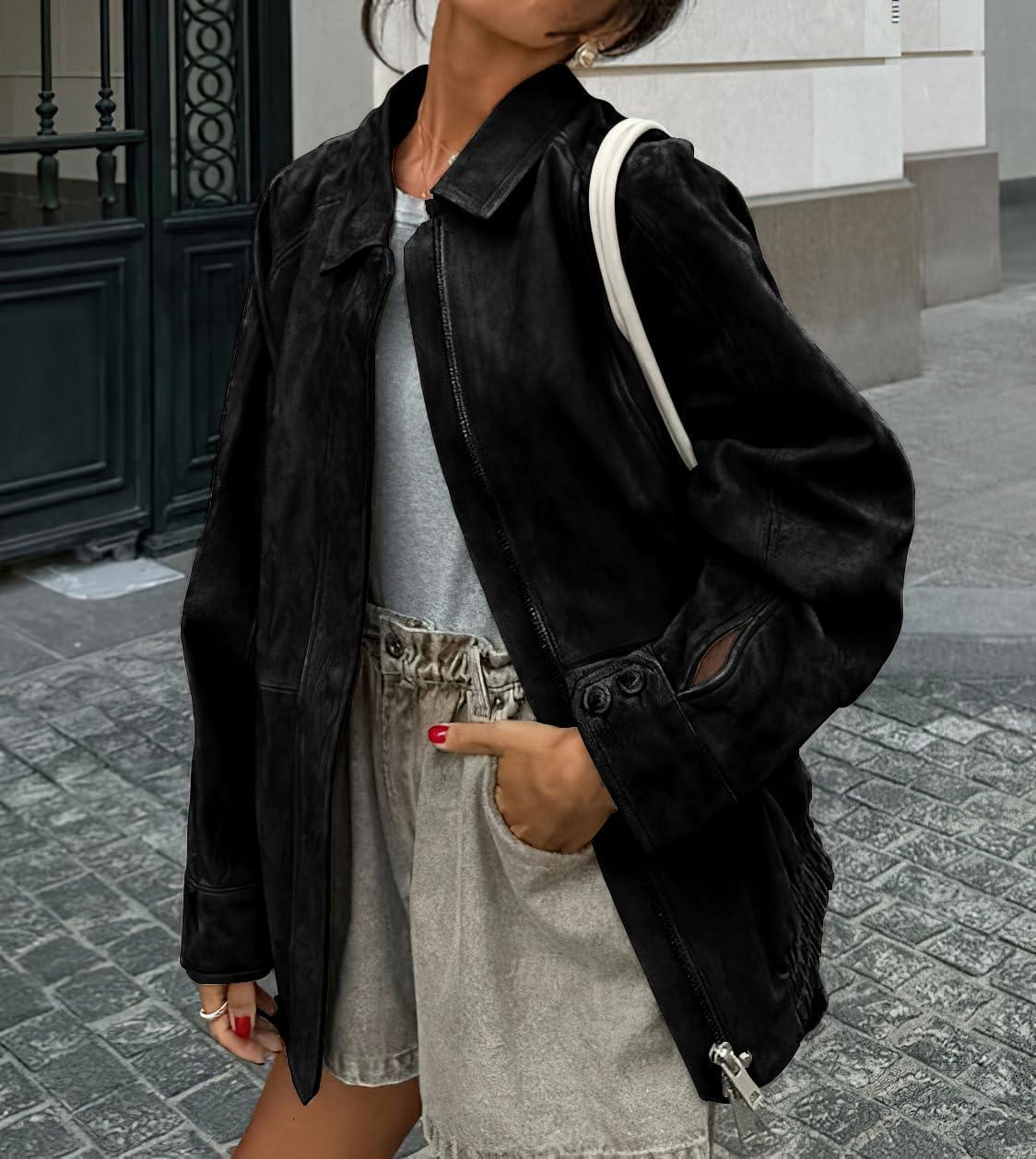 imagechouyatou Womens Casual Zip Up Faux Suede Leather Bomber Jacket Vintage Motorcycle Coats Fall Y2k Oversized OuterwearBlack