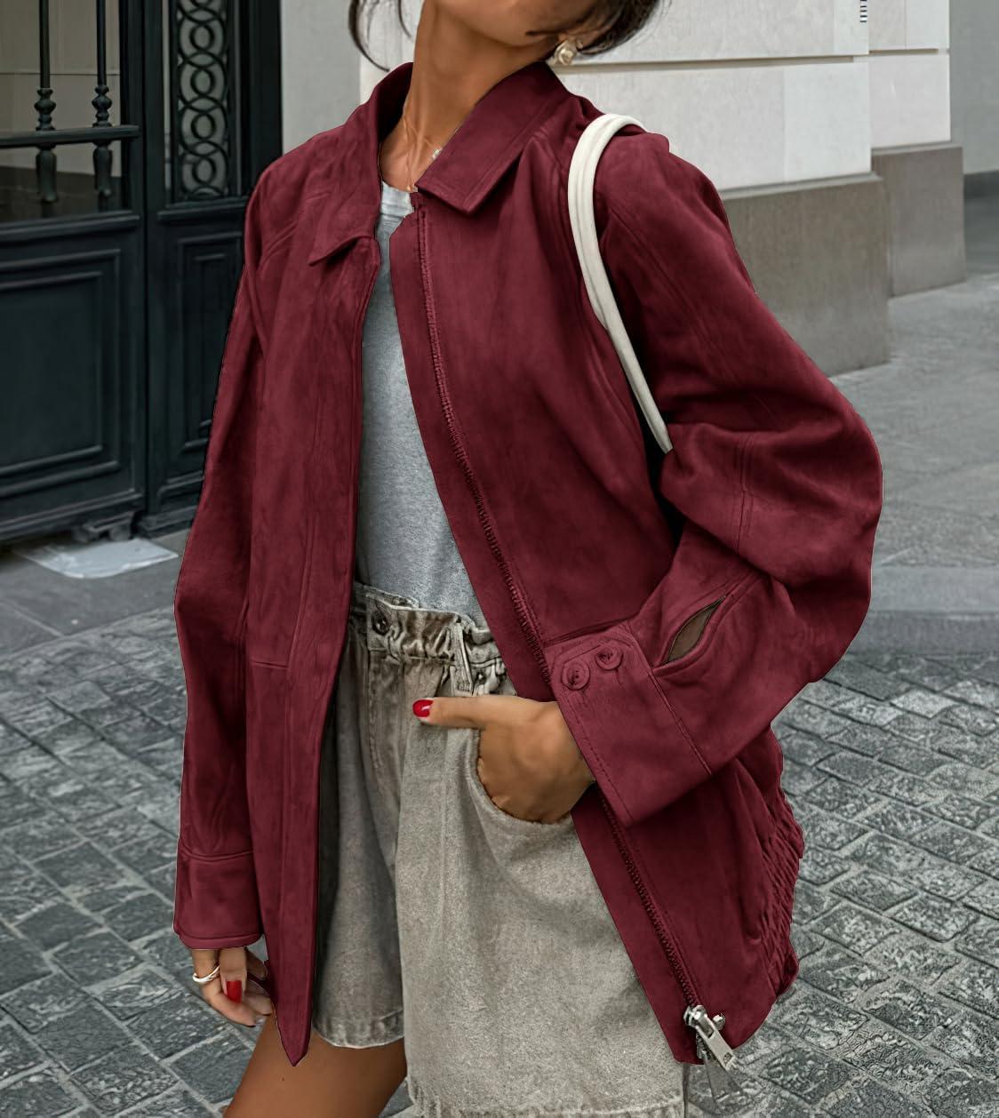 imagechouyatou Womens Casual Zip Up Faux Suede Leather Bomber Jacket Vintage Motorcycle Coats Fall Y2k Oversized OuterwearDark Red