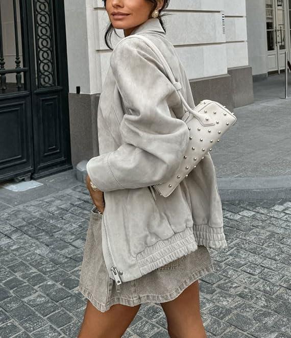 imagechouyatou Womens Casual Zip Up Faux Suede Leather Bomber Jacket Vintage Motorcycle Coats Fall Y2k Oversized OuterwearLight Gray