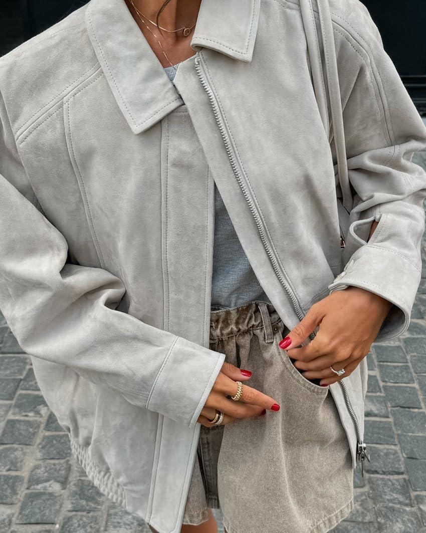 imagechouyatou Womens Casual Zip Up Faux Suede Leather Bomber Jacket Vintage Motorcycle Coats Fall Y2k Oversized OuterwearLight Gray