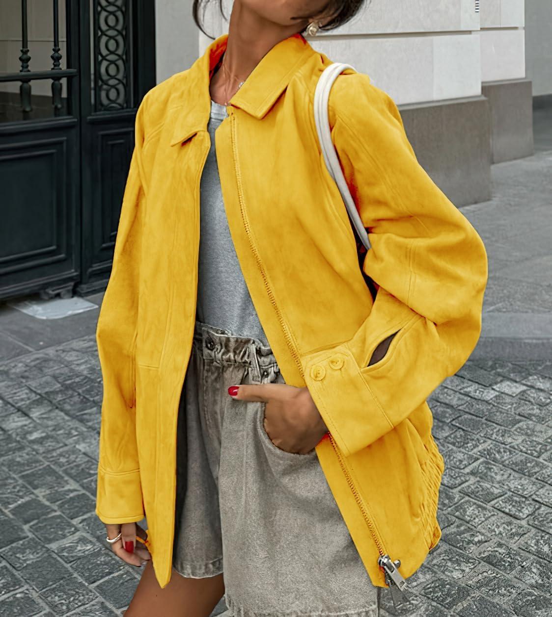 imagechouyatou Womens Casual Zip Up Faux Suede Leather Bomber Jacket Vintage Motorcycle Coats Fall Y2k Oversized OuterwearYellow