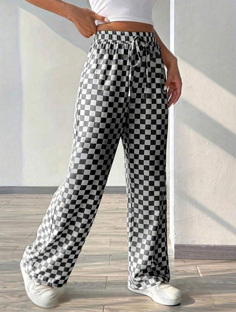 imagechouyatou Womens Checkered Wide Leg Business Casual Pants Plaid Drawstring Elastic Waist Palazzo PantsBlack