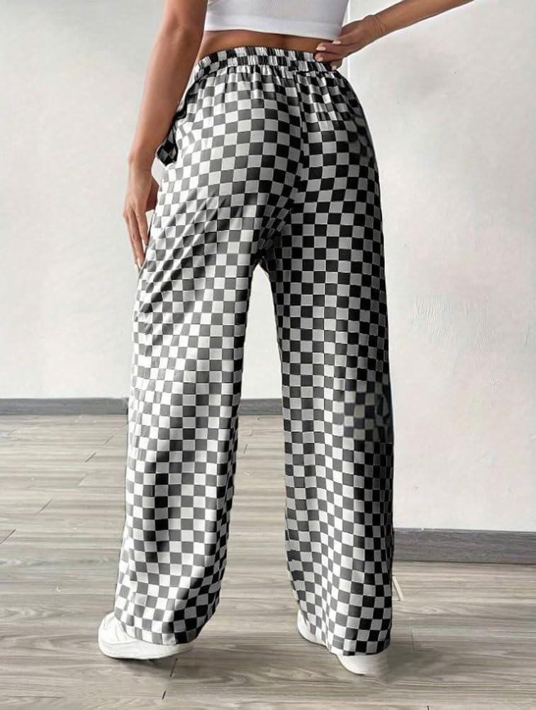 imagechouyatou Womens Checkered Wide Leg Business Casual Pants Plaid Drawstring Elastic Waist Palazzo PantsBlack