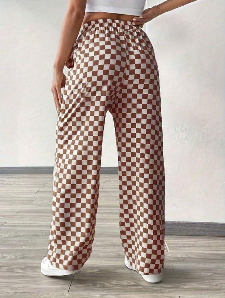 imagechouyatou Womens Checkered Wide Leg Business Casual Pants Plaid Drawstring Elastic Waist Palazzo PantsBrown