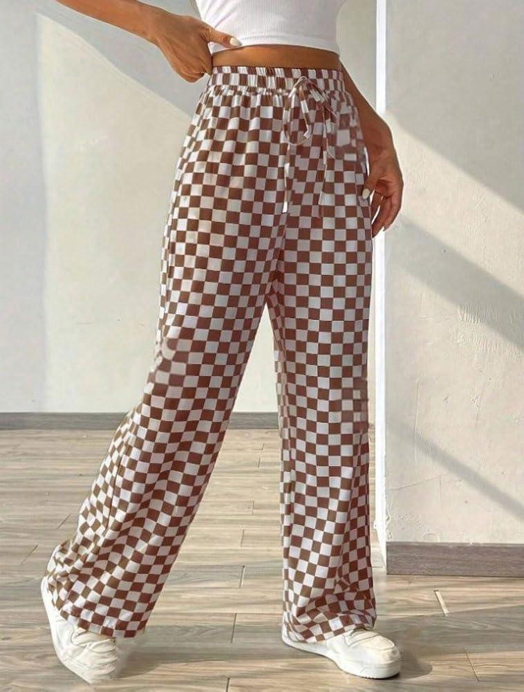 imagechouyatou Womens Checkered Wide Leg Business Casual Pants Plaid Drawstring Elastic Waist Palazzo PantsBrown