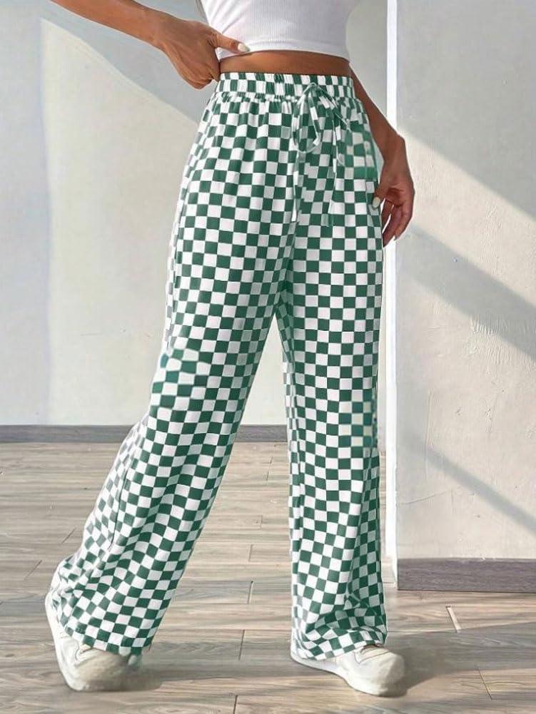 imagechouyatou Womens Checkered Wide Leg Business Casual Pants Plaid Drawstring Elastic Waist Palazzo PantsGreen
