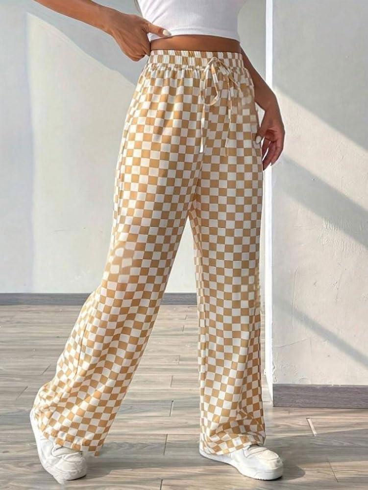 imagechouyatou Womens Checkered Wide Leg Business Casual Pants Plaid Drawstring Elastic Waist Palazzo PantsKhaki