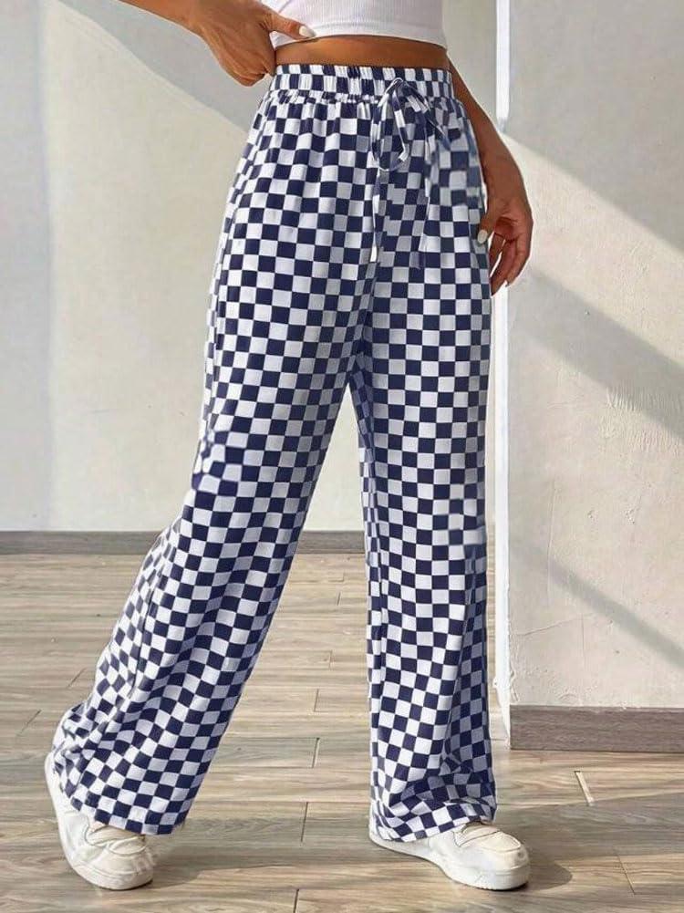 imagechouyatou Womens Checkered Wide Leg Business Casual Pants Plaid Drawstring Elastic Waist Palazzo PantsNavy