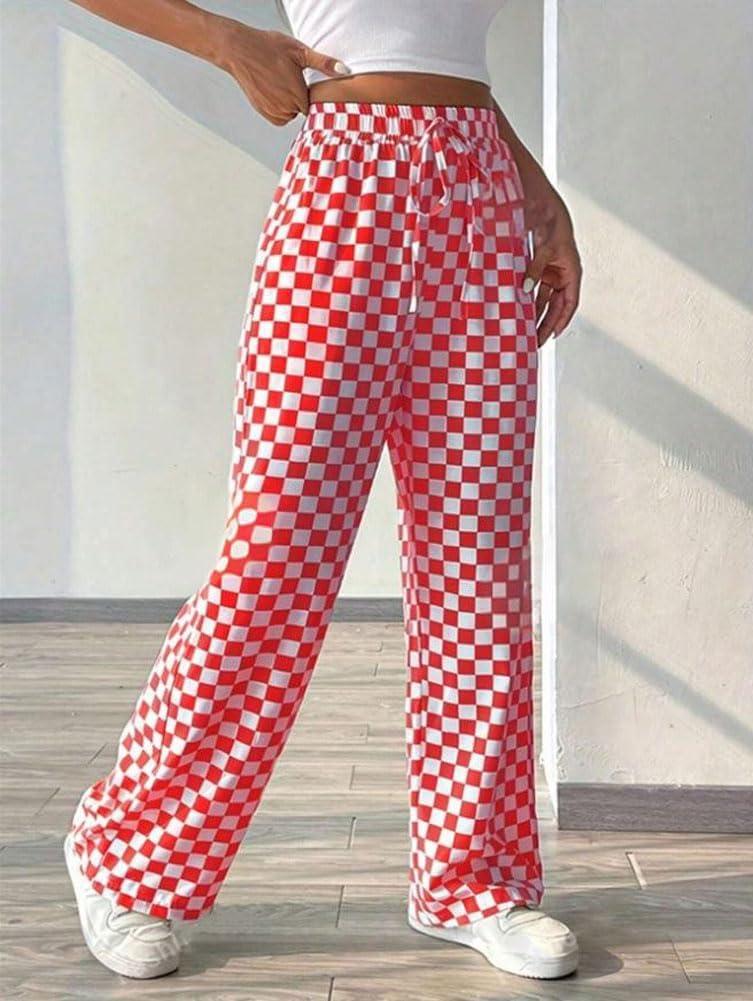 imagechouyatou Womens Checkered Wide Leg Business Casual Pants Plaid Drawstring Elastic Waist Palazzo PantsRed