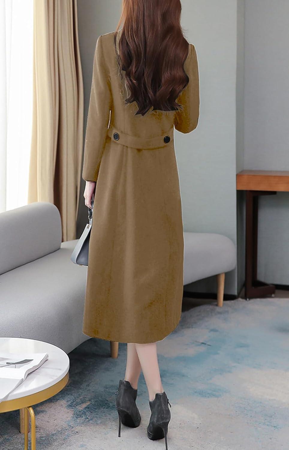 imagechouyatou Womens Chic Shawl Collar Work Double Breasted Maxi Long Wool Pea CoatDark Camel