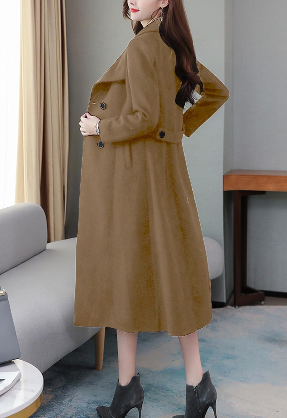 imagechouyatou Womens Chic Shawl Collar Work Double Breasted Maxi Long Wool Pea CoatDark Camel