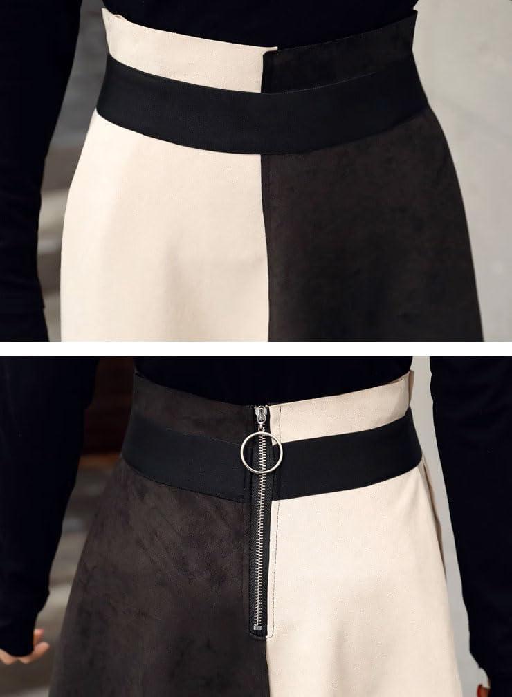 imagechouyatou Womens Color Block Faux Suede Leather ALine Midi Long Skirt Sexy High Waisted Skater SkirtBeige White