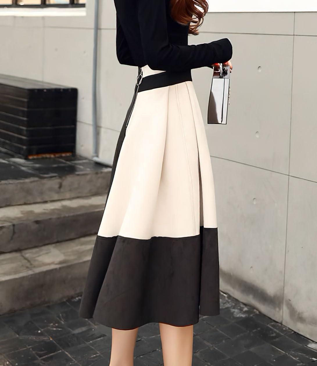 imagechouyatou Womens Color Block Faux Suede Leather ALine Midi Long Skirt Sexy High Waisted Skater SkirtBeige White