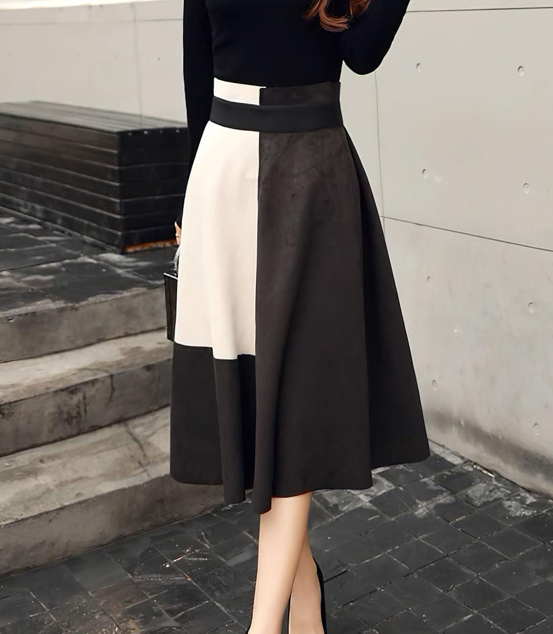 imagechouyatou Womens Color Block Faux Suede Leather ALine Midi Long Skirt Sexy High Waisted Skater SkirtBeige White