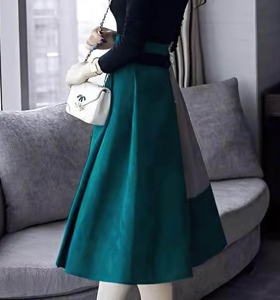 imagechouyatou Womens Color Block Faux Suede Leather ALine Midi Long Skirt Sexy High Waisted Skater SkirtGreen