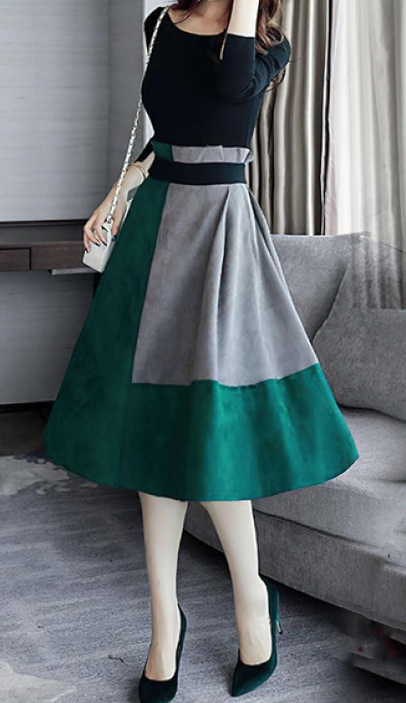 imagechouyatou Womens Color Block Faux Suede Leather ALine Midi Long Skirt Sexy High Waisted Skater SkirtGreen