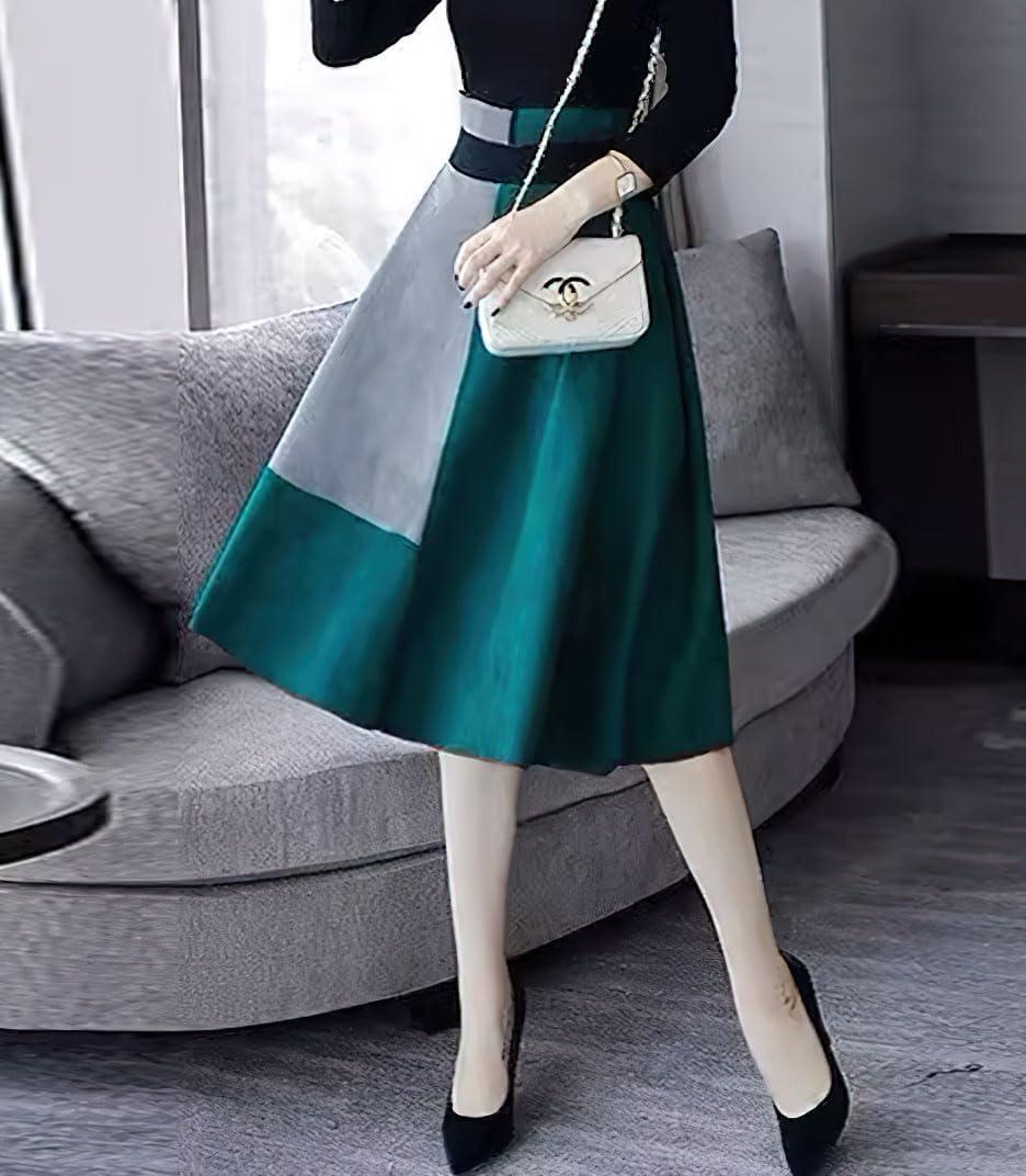 imagechouyatou Womens Color Block Faux Suede Leather ALine Midi Long Skirt Sexy High Waisted Skater SkirtGreen