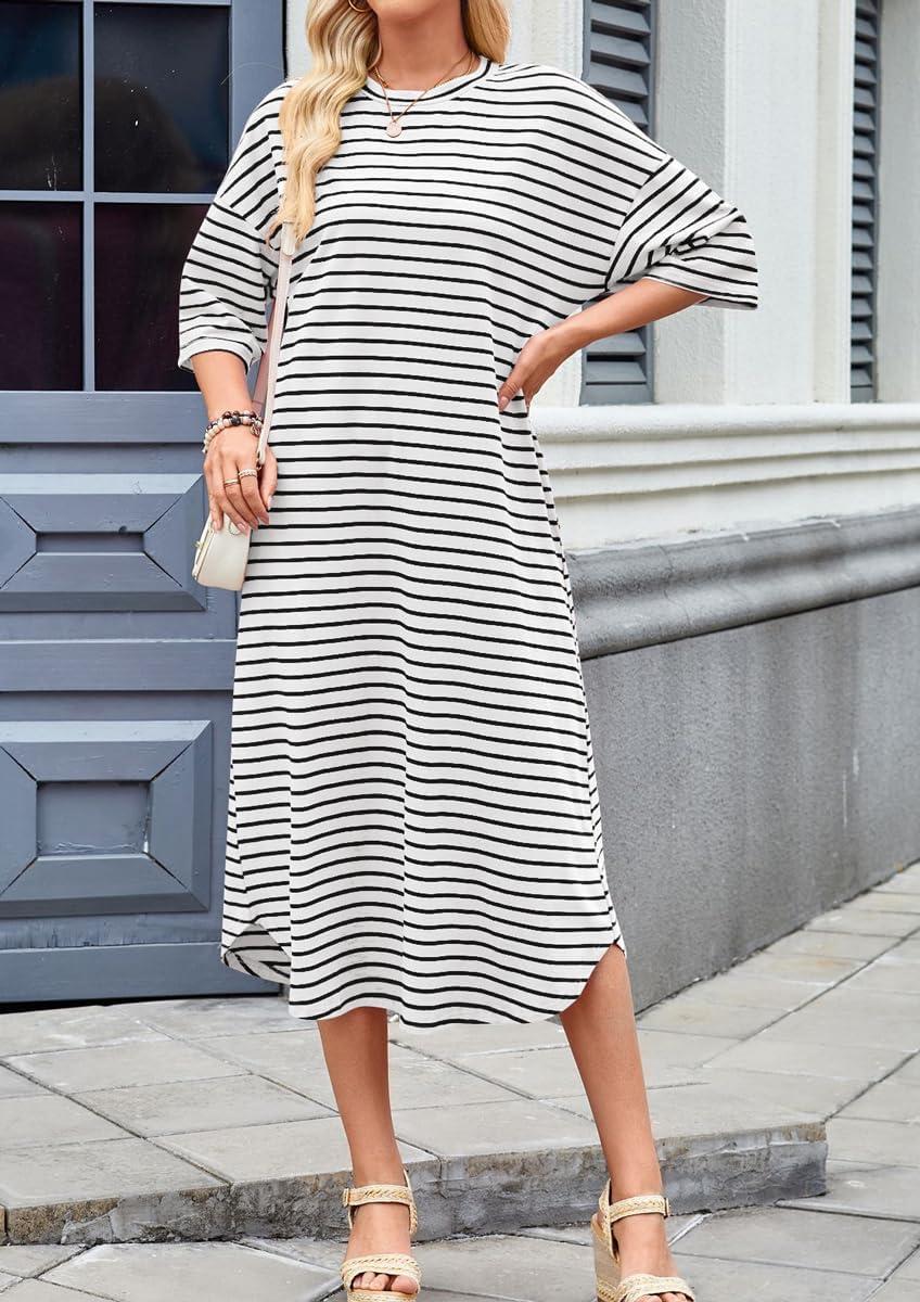 imagechouyatou Womens Contrast Color Striped TShirt Dress Casual Loose Short Sleeve Midi Long Beach DressBlack