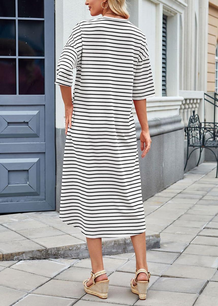 imagechouyatou Womens Contrast Color Striped TShirt Dress Casual Loose Short Sleeve Midi Long Beach DressBlack