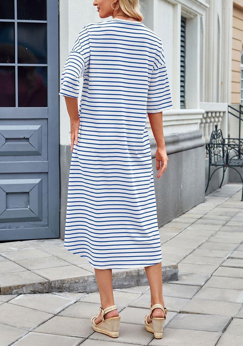 imagechouyatou Womens Contrast Color Striped TShirt Dress Casual Loose Short Sleeve Midi Long Beach DressBlue