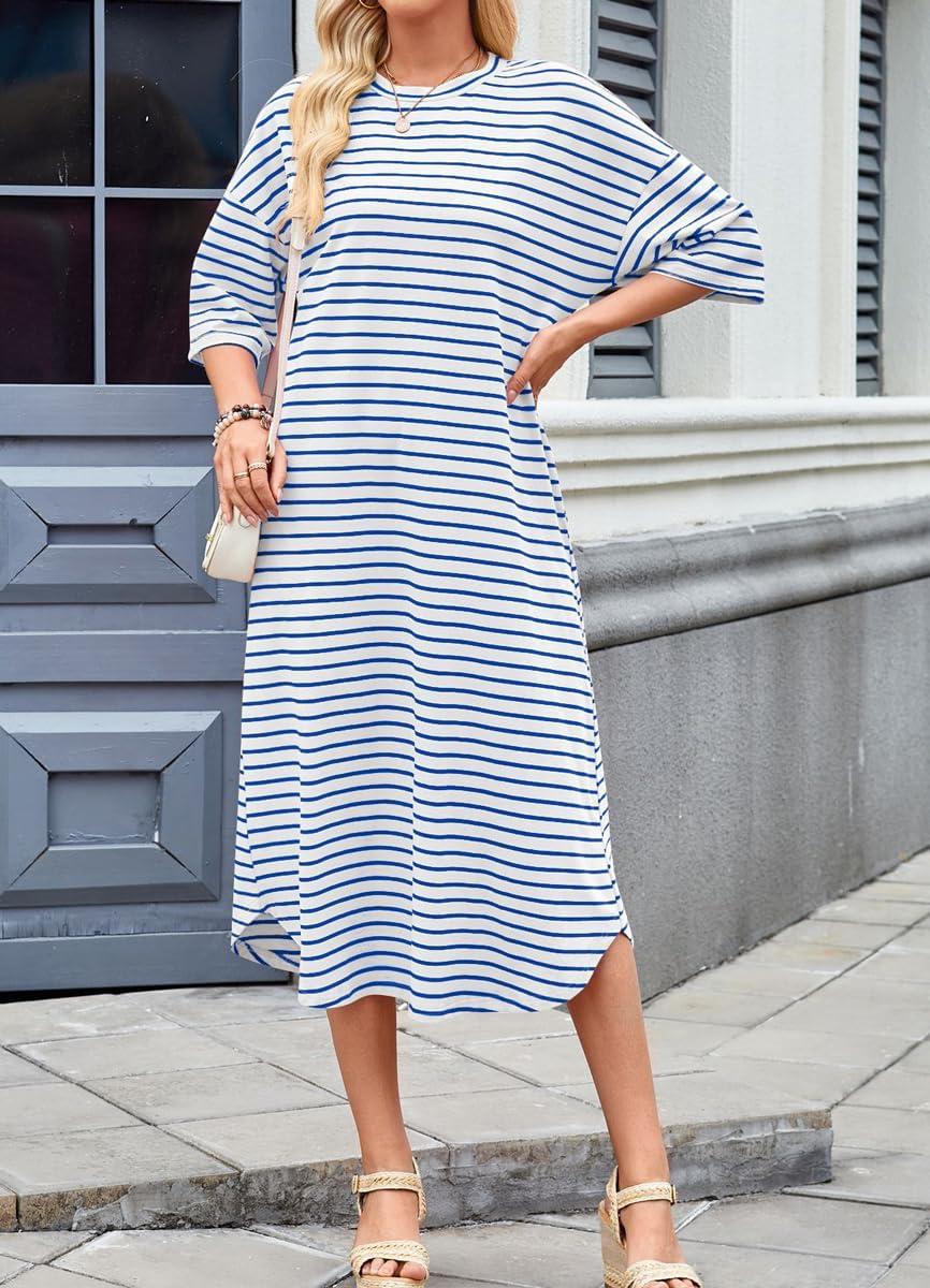 imagechouyatou Womens Contrast Color Striped TShirt Dress Casual Loose Short Sleeve Midi Long Beach DressBlue