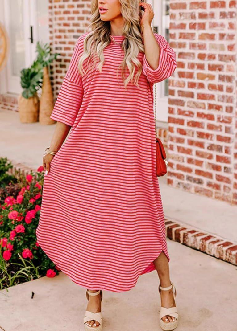 imagechouyatou Womens Contrast Color Striped TShirt Dress Casual Loose Short Sleeve Midi Long Beach DressRed
