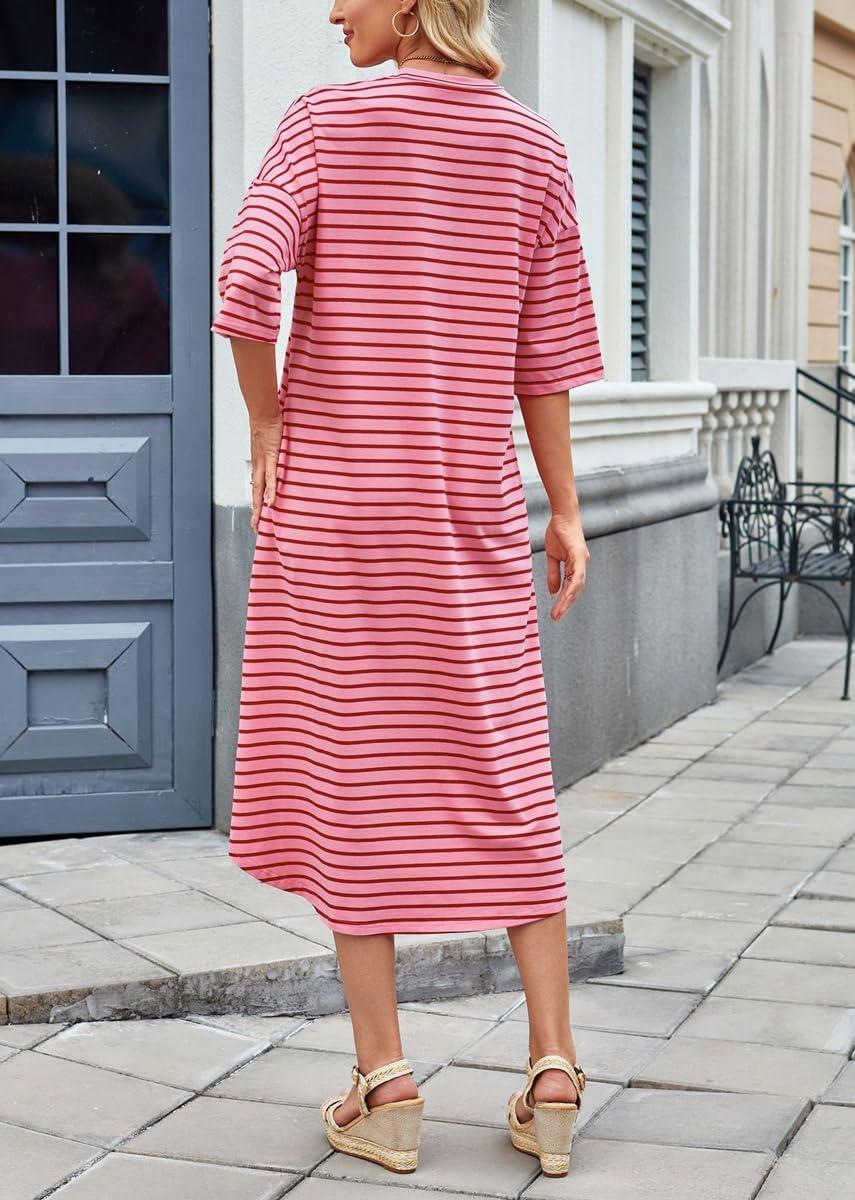 imagechouyatou Womens Contrast Color Striped TShirt Dress Casual Loose Short Sleeve Midi Long Beach DressRed
