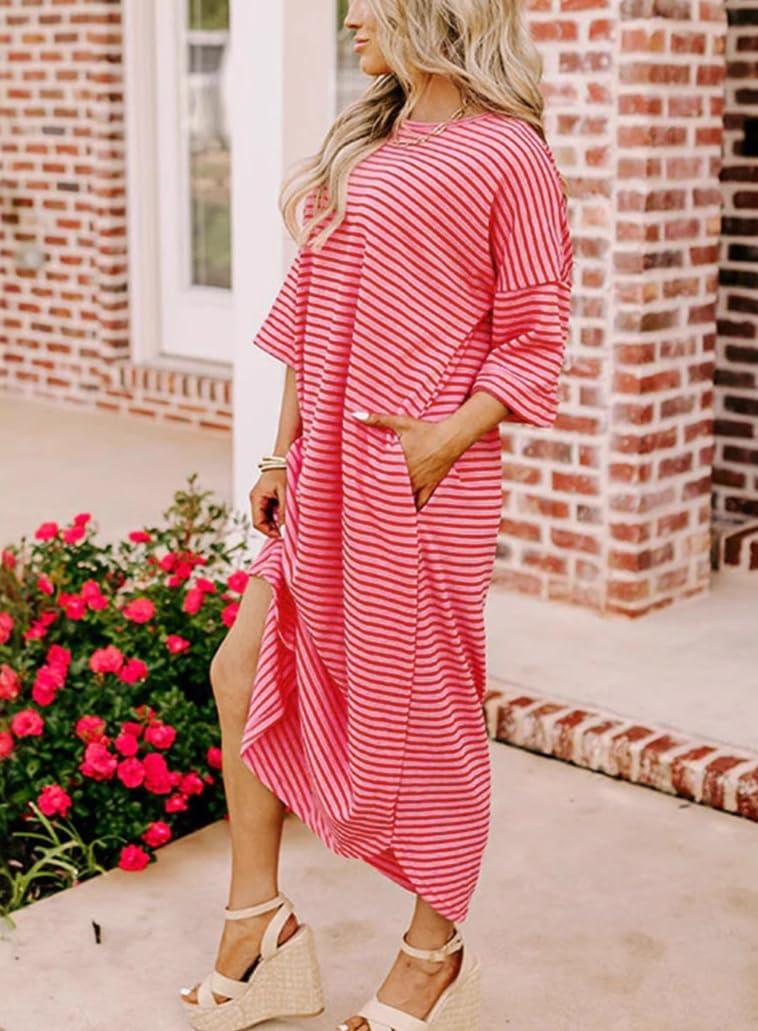 imagechouyatou Womens Contrast Color Striped TShirt Dress Casual Loose Short Sleeve Midi Long Beach DressRed
