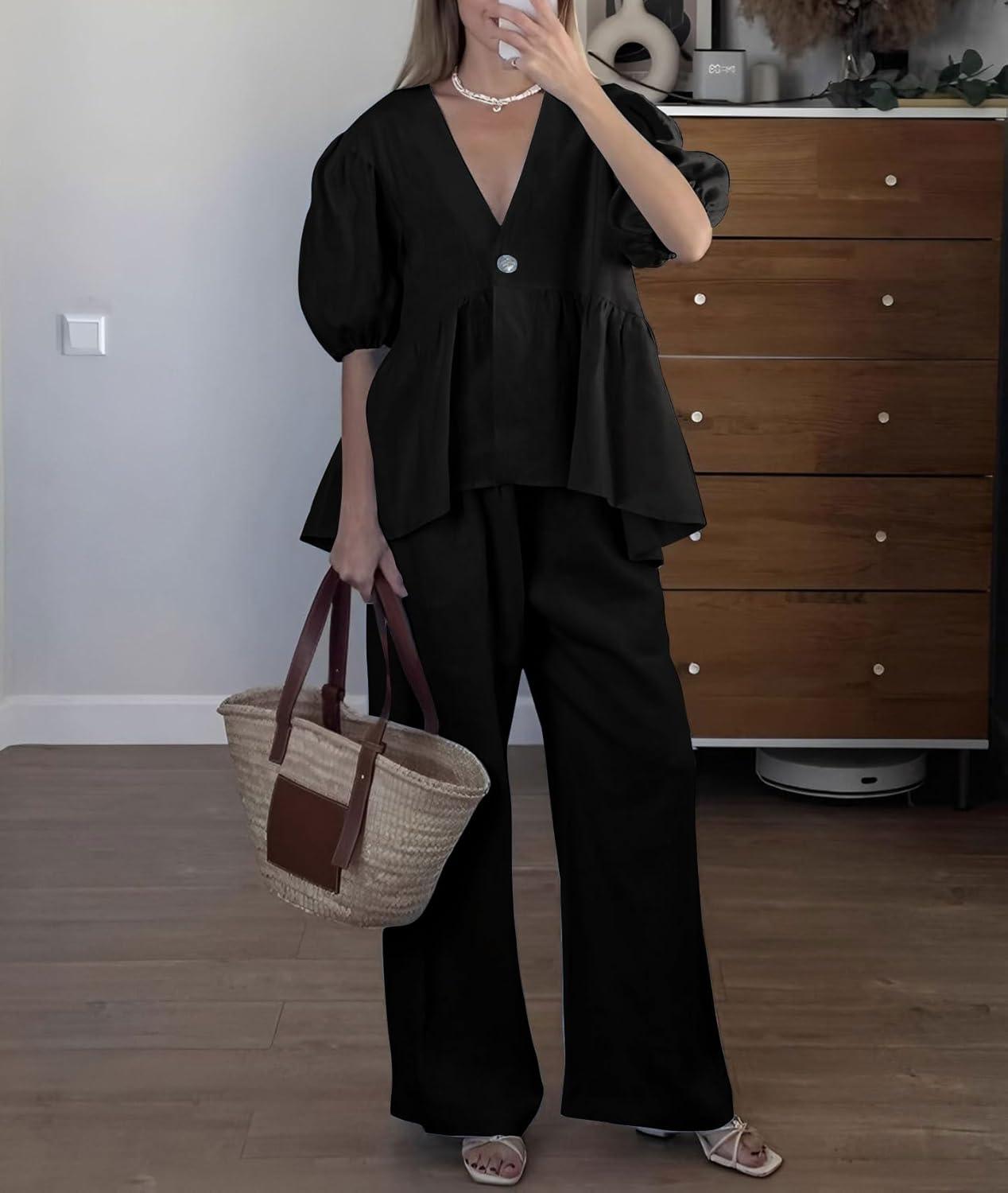 imagechouyatou Womens Cotton Linen 2 Piece Outfits Puff Short Sleeve Top Wide leg Long Palazzo Pants Matching SetBlack