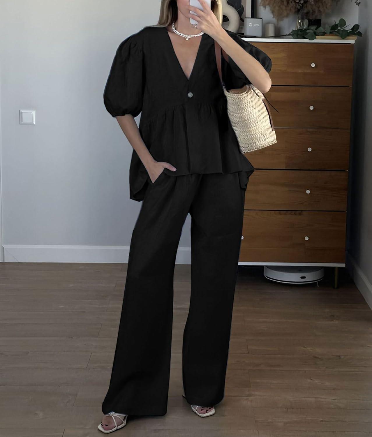 imagechouyatou Womens Cotton Linen 2 Piece Outfits Puff Short Sleeve Top Wide leg Long Palazzo Pants Matching SetBlack