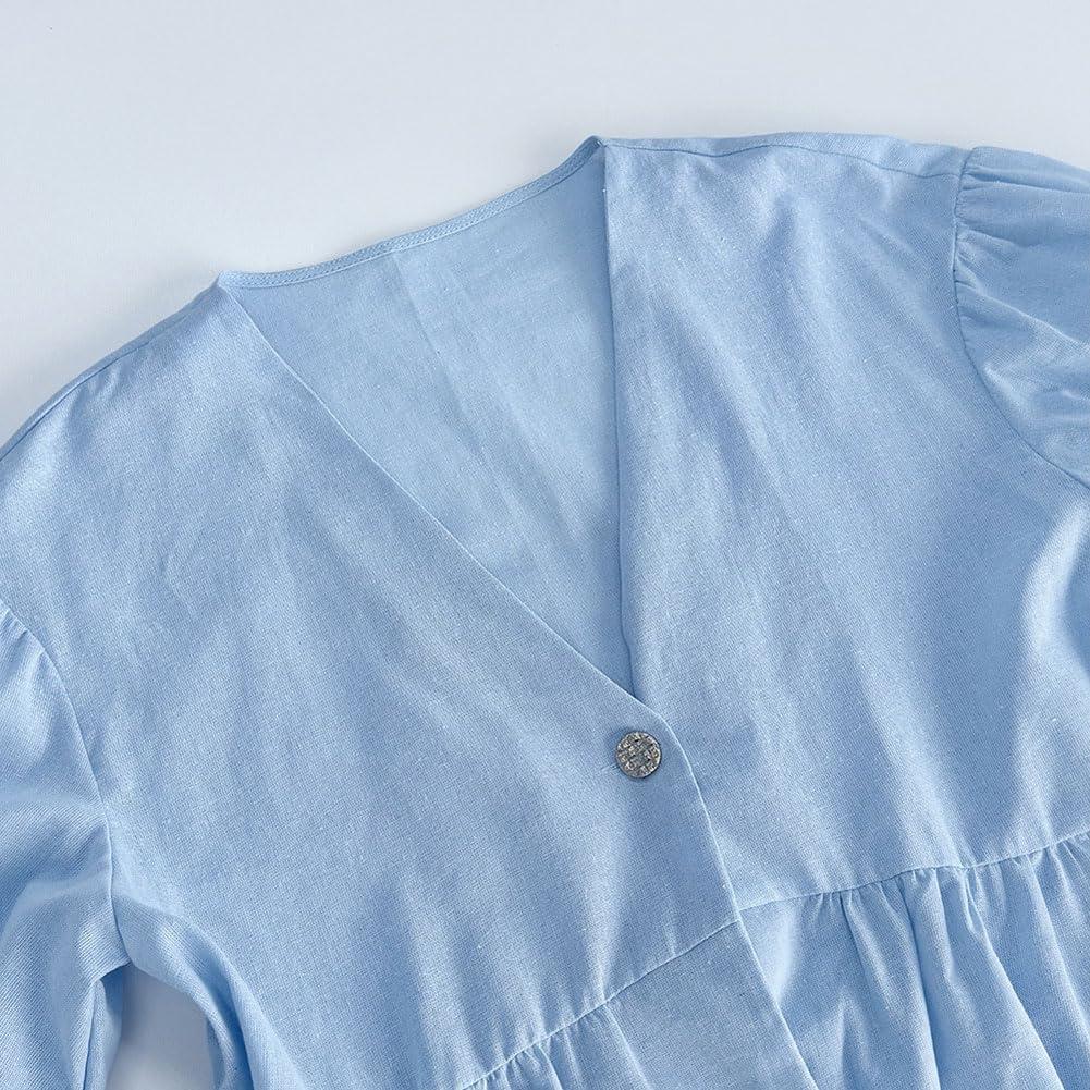 imagechouyatou Womens Cotton Linen 2 Piece Outfits Puff Short Sleeve Top Wide leg Long Palazzo Pants Matching SetLight Blue