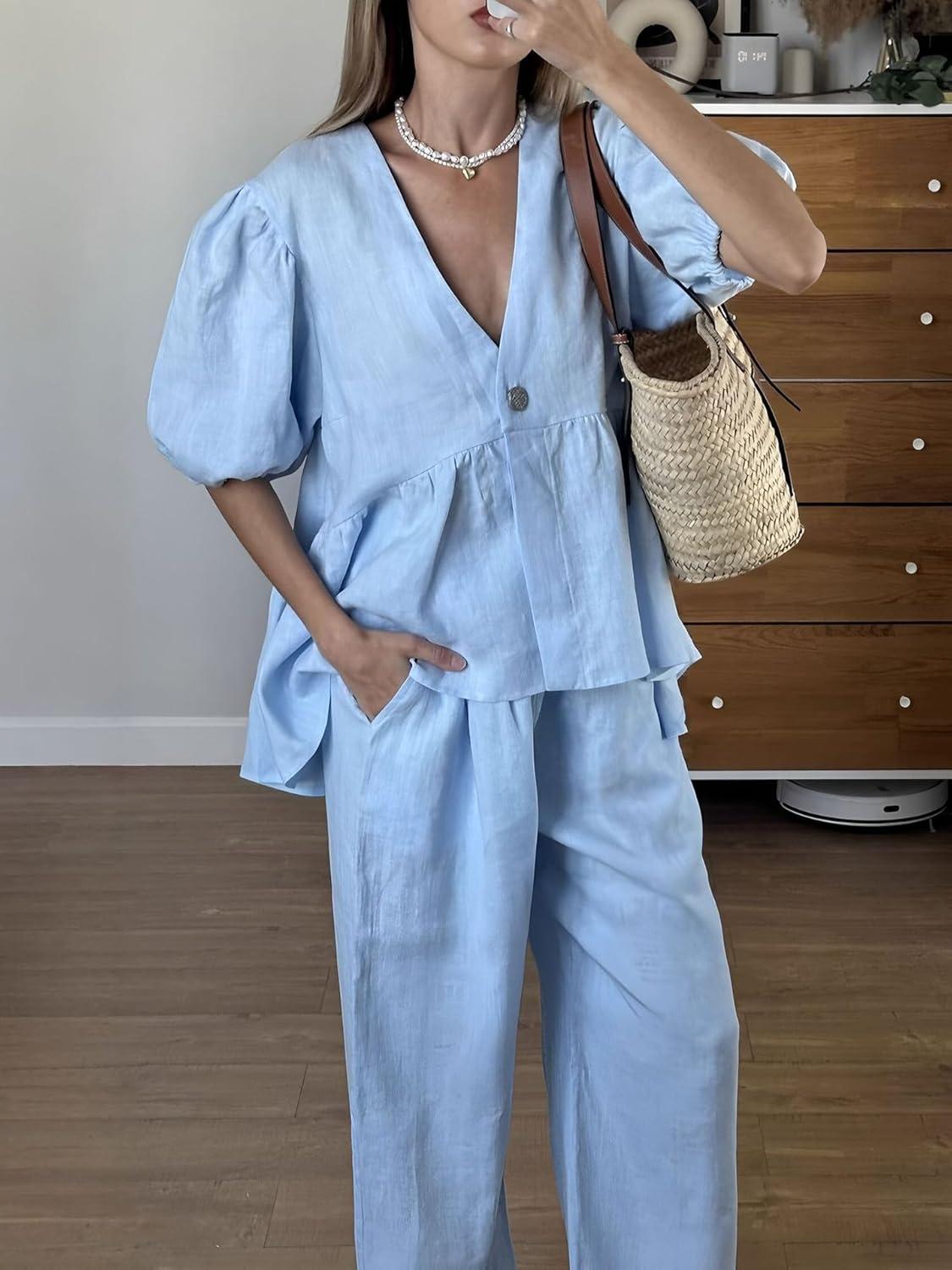 imagechouyatou Womens Cotton Linen 2 Piece Outfits Puff Short Sleeve Top Wide leg Long Palazzo Pants Matching SetLight Blue