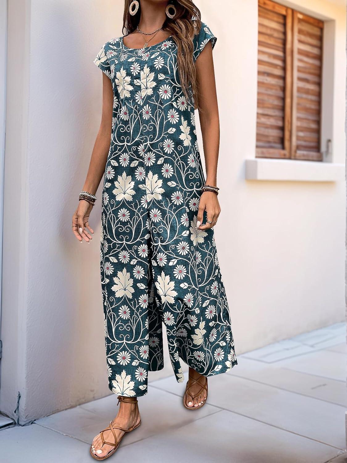 imagechouyatou Womens Cute Daisy Floral Wide Leg Baggy Jumpsuit Rompers Cap Short Sleeve Loose Comfy Overalls PantsDark Gray