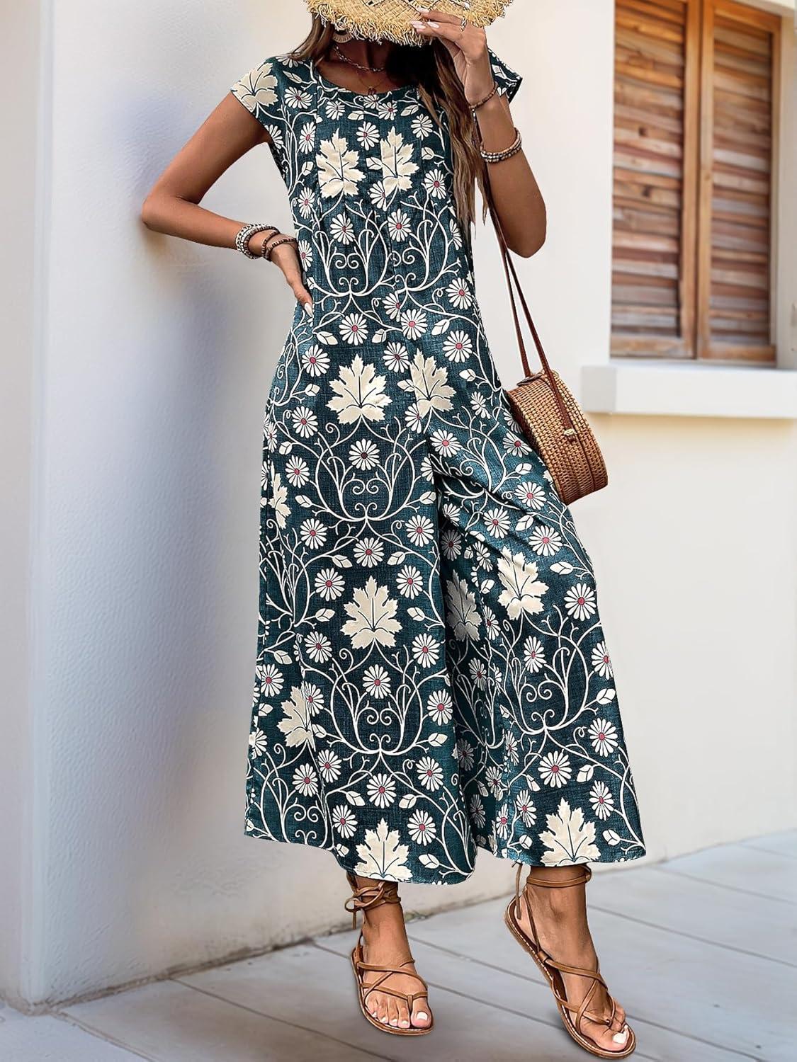 imagechouyatou Womens Cute Daisy Floral Wide Leg Baggy Jumpsuit Rompers Cap Short Sleeve Loose Comfy Overalls PantsDark Gray