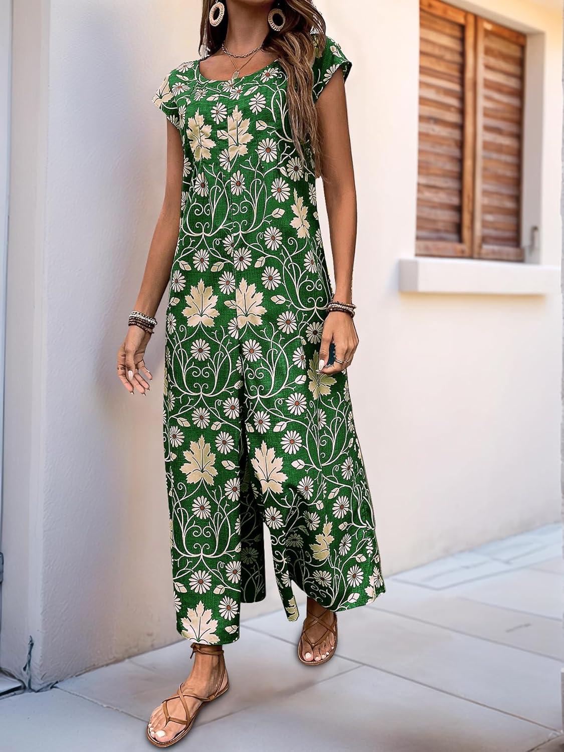 imagechouyatou Womens Cute Daisy Floral Wide Leg Baggy Jumpsuit Rompers Cap Short Sleeve Loose Comfy Overalls PantsGreen