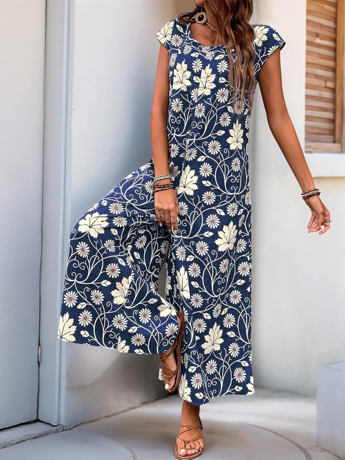 imagechouyatou Womens Cute Daisy Floral Wide Leg Baggy Jumpsuit Rompers Cap Short Sleeve Loose Comfy Overalls PantsNavy