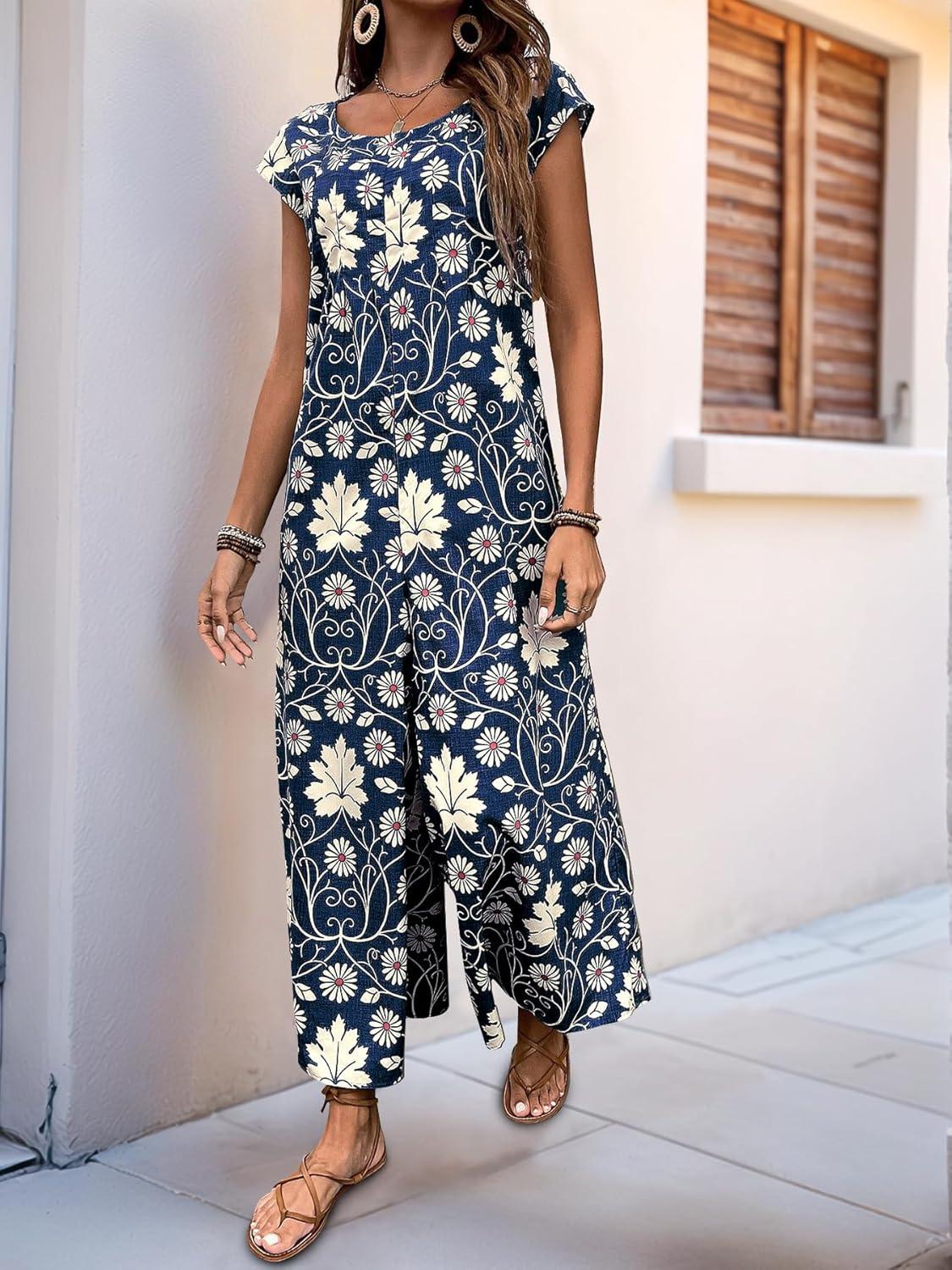 imagechouyatou Womens Cute Daisy Floral Wide Leg Baggy Jumpsuit Rompers Cap Short Sleeve Loose Comfy Overalls PantsNavy