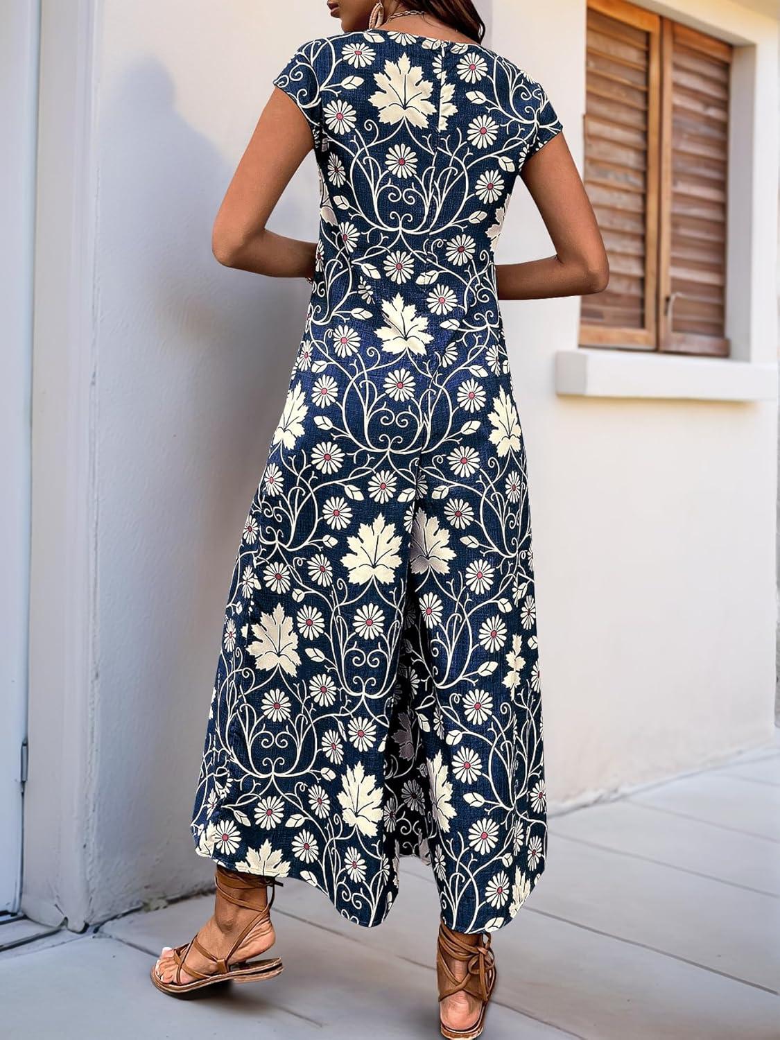 imagechouyatou Womens Cute Daisy Floral Wide Leg Baggy Jumpsuit Rompers Cap Short Sleeve Loose Comfy Overalls PantsNavy