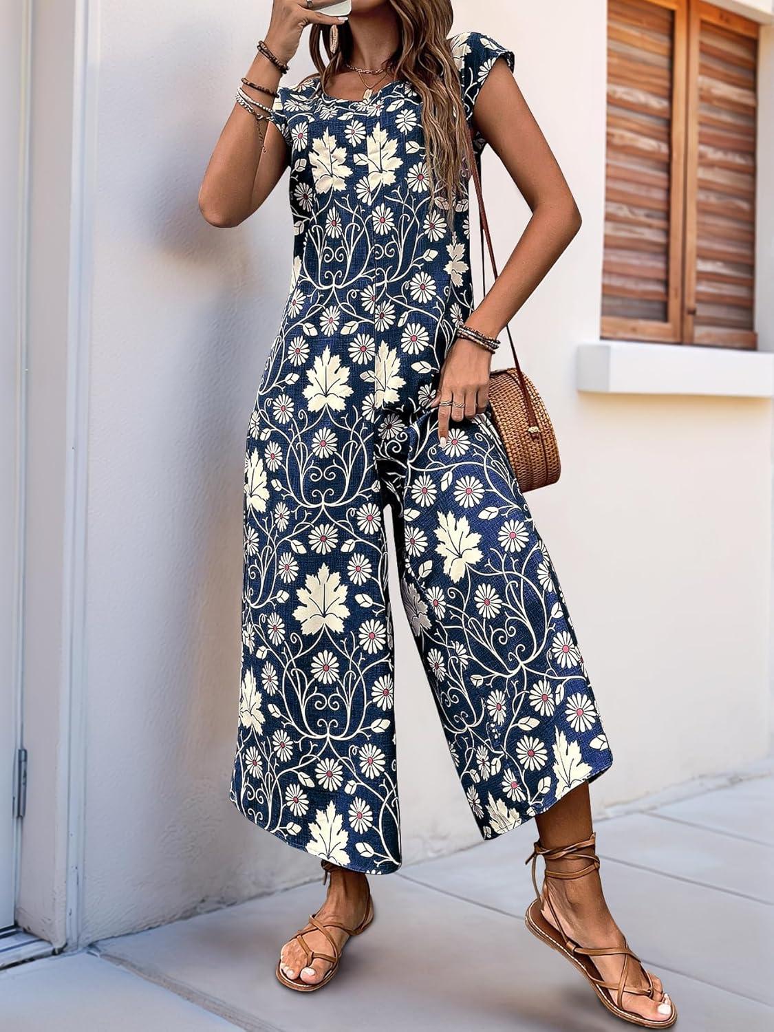 imagechouyatou Womens Cute Daisy Floral Wide Leg Baggy Jumpsuit Rompers Cap Short Sleeve Loose Comfy Overalls PantsNavy