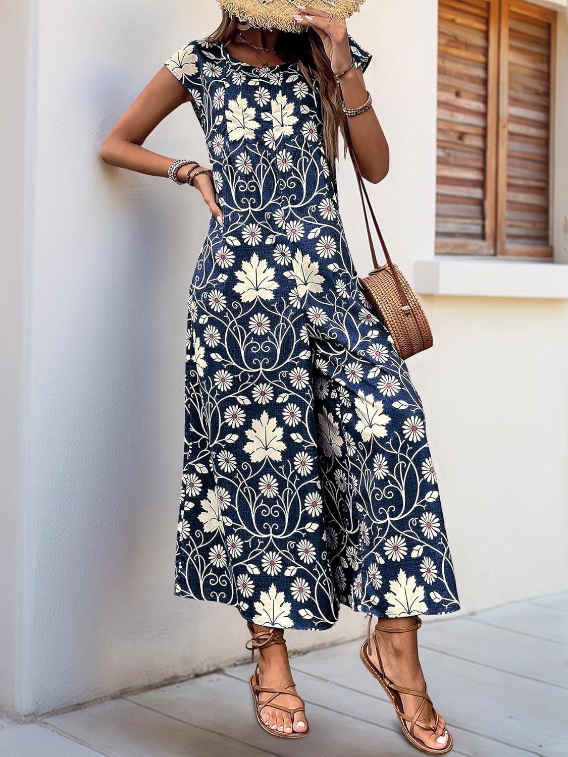 imagechouyatou Womens Cute Daisy Floral Wide Leg Baggy Jumpsuit Rompers Cap Short Sleeve Loose Comfy Overalls PantsNavy