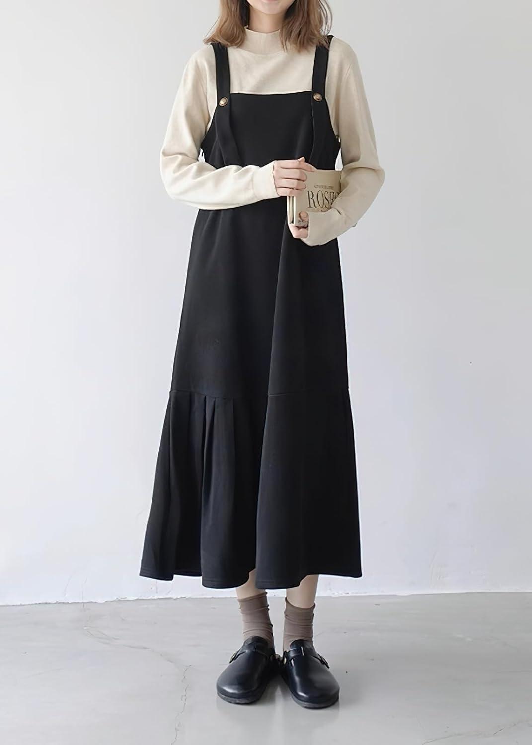 imagechouyatou Womens Cute Ruffle Corduroy Pinafore Overall Dress Pleated Flared Mid Long Bib Jumper DressBlack