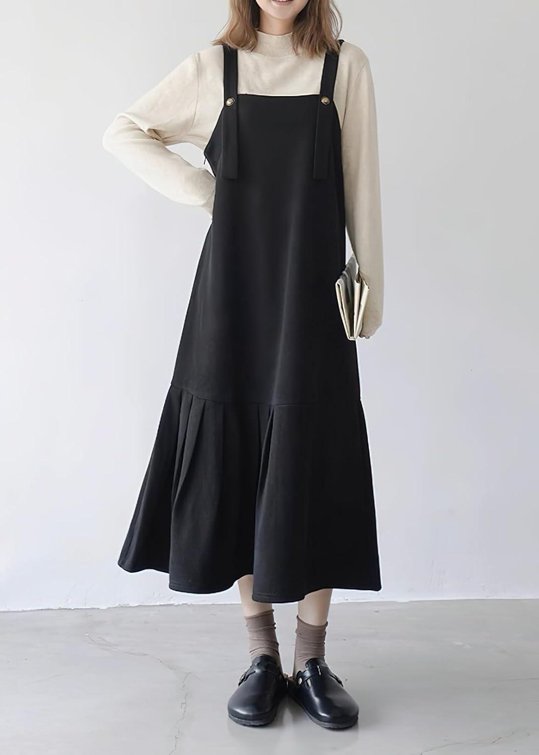 imagechouyatou Womens Cute Ruffle Corduroy Pinafore Overall Dress Pleated Flared Mid Long Bib Jumper DressBlack