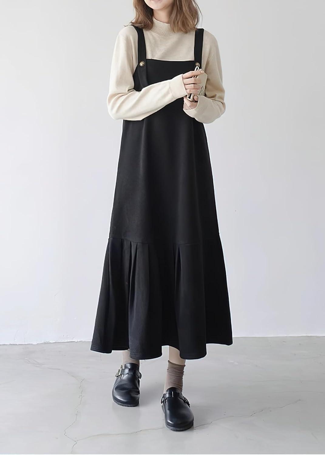 imagechouyatou Womens Cute Ruffle Corduroy Pinafore Overall Dress Pleated Flared Mid Long Bib Jumper DressBlack