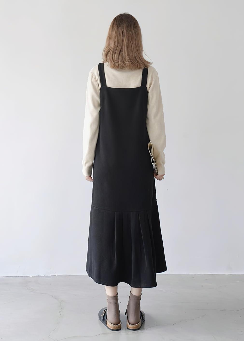 imagechouyatou Womens Cute Ruffle Corduroy Pinafore Overall Dress Pleated Flared Mid Long Bib Jumper DressBlack
