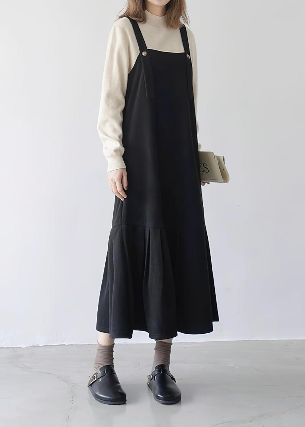 imagechouyatou Womens Cute Ruffle Corduroy Pinafore Overall Dress Pleated Flared Mid Long Bib Jumper DressBlack