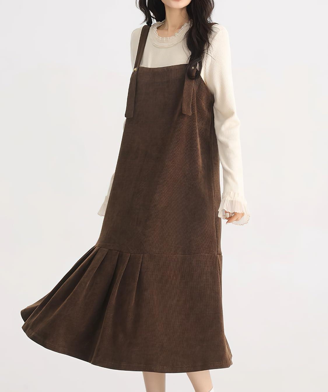 imagechouyatou Womens Cute Ruffle Corduroy Pinafore Overall Dress Pleated Flared Mid Long Bib Jumper DressDark Brown