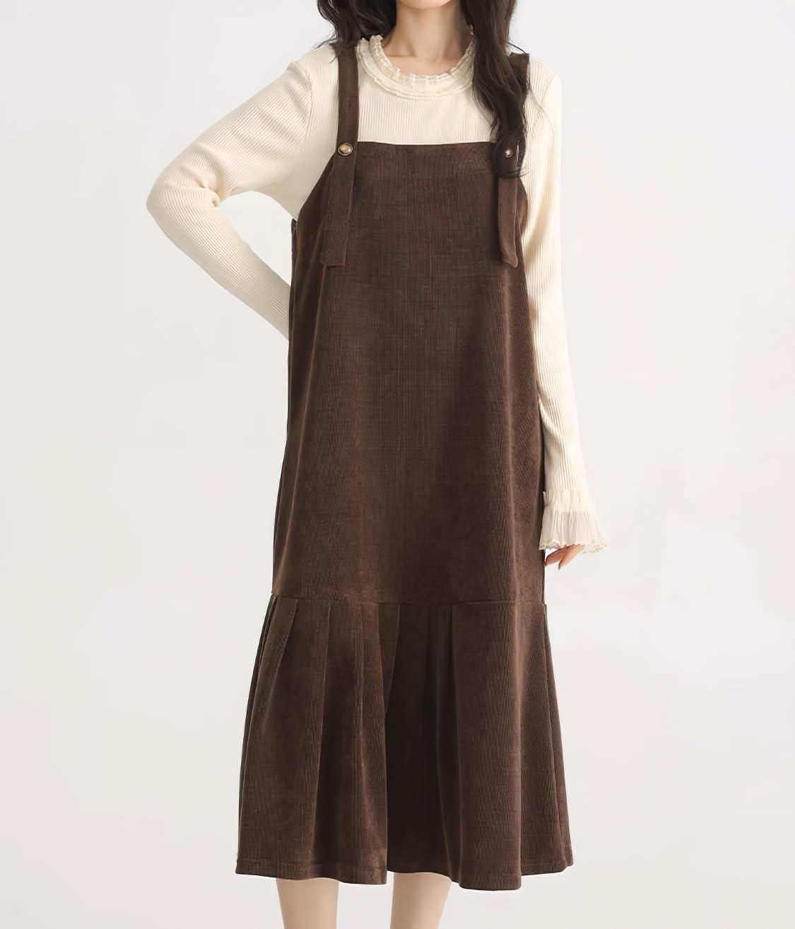 imagechouyatou Womens Cute Ruffle Corduroy Pinafore Overall Dress Pleated Flared Mid Long Bib Jumper DressDark Brown