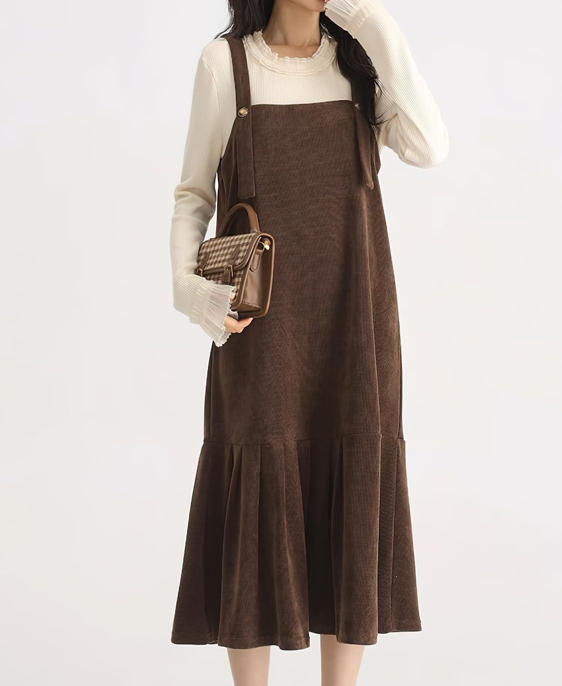 imagechouyatou Womens Cute Ruffle Corduroy Pinafore Overall Dress Pleated Flared Mid Long Bib Jumper DressDark Brown