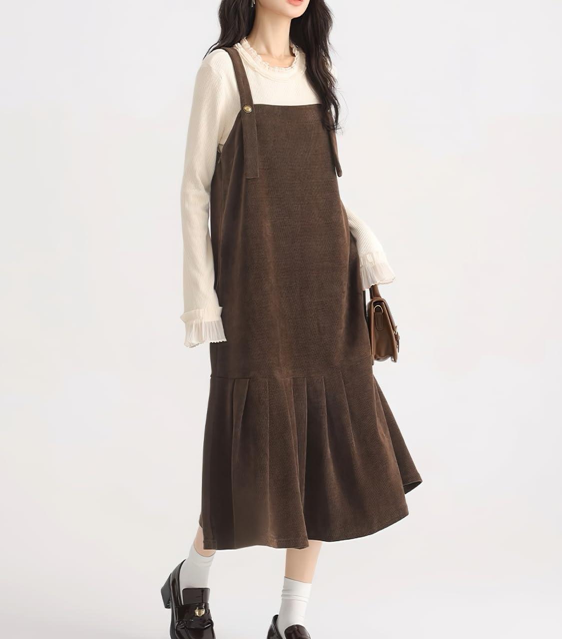 imagechouyatou Womens Cute Ruffle Corduroy Pinafore Overall Dress Pleated Flared Mid Long Bib Jumper DressDark Brown