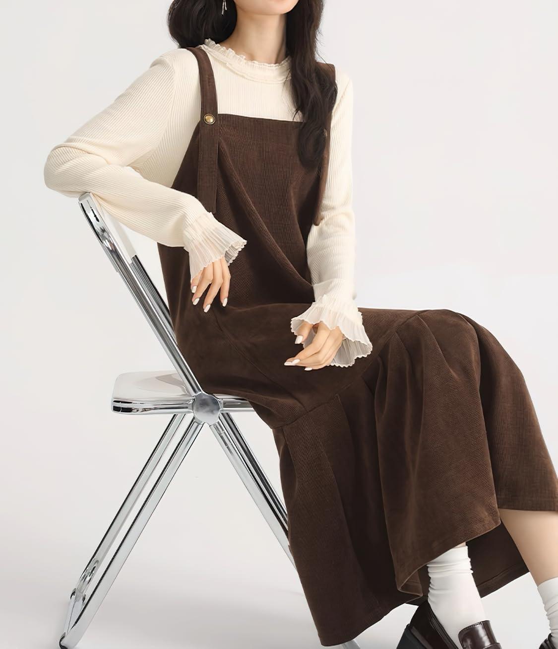 imagechouyatou Womens Cute Ruffle Corduroy Pinafore Overall Dress Pleated Flared Mid Long Bib Jumper DressDark Brown